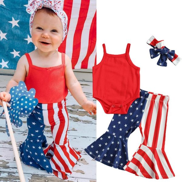 

independence days cute baby girls boys clothes sets strapless romper pattern printed flare pants clothing, White