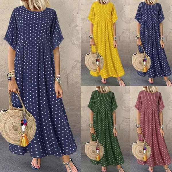 

summer boho short sleeve women dresses retro dot print sundress beach holiday loose causal long maxi pleated robe, Black;gray