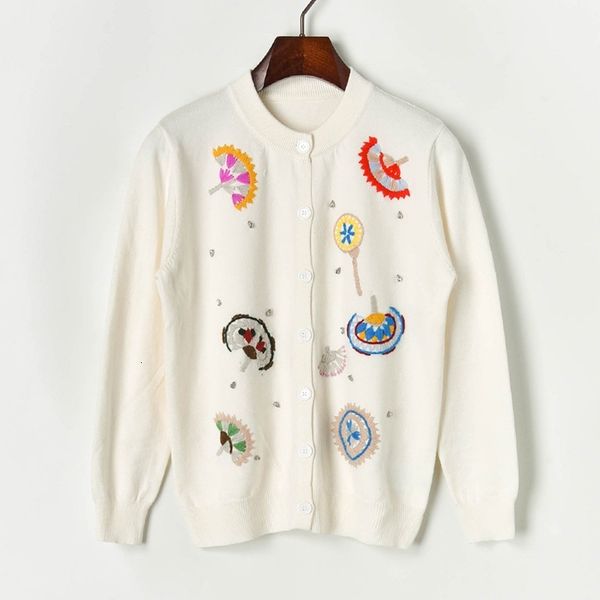 

women's knits & tees women white cardigan fall dandelion lollipop embroidery flower o-neck single breasted sweater coat knitted to