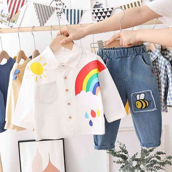 

toddler baby boy girls casual clothes set outfits autumn boys sports fashion print t-shirt jeans suits kid clothing 210508, White