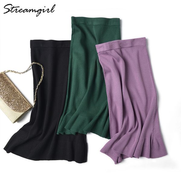 

mermaid skirt women spring autumn office ruffle skirts knitted vintage midi skirt green elegant knit black skirts womens midi 210421
