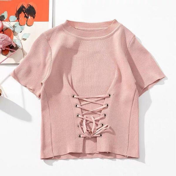 

short-sleeved women's 2021 spring and summer round neck cross-banded knitted shirts korean pullover t-shirt, White