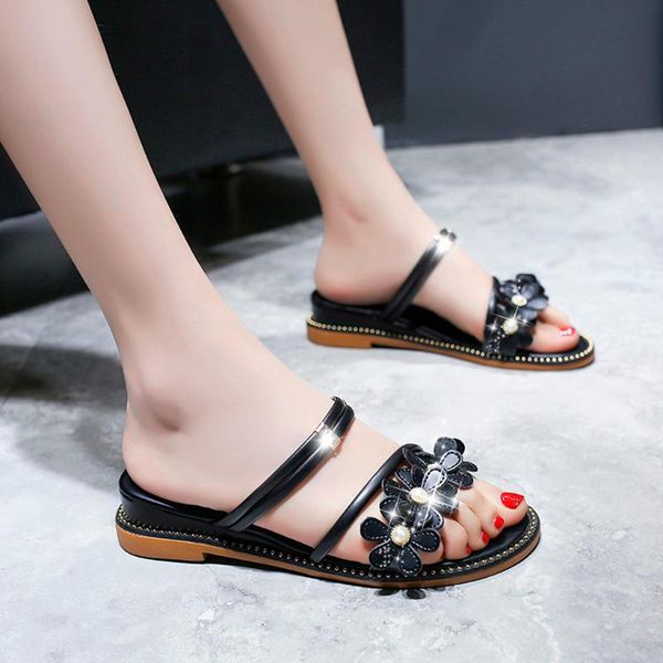 

slippers wedges beach shoes casual open toe seaside pearl sandals women's antiskid outdoor leisure summer, Black