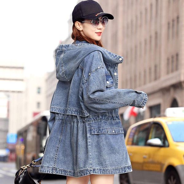 

women's trench coats hooded denim coat 2021 spring and autumn korean loose fashion cowboy windbreaker female mujer chaqueta k866, Tan;black