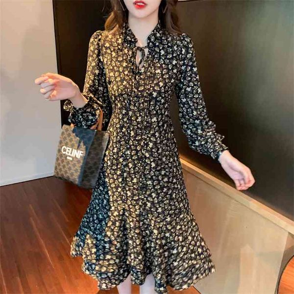 

spring floral print chiffon dress female long sleeve retro v-neck vintage boho beach woman vestidos 210514, Black;gray