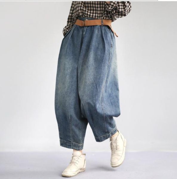 

women's jeans women spring plus size elastic waist denim pants ladies vintage bleached zipper loose trousers female 2021, Blue