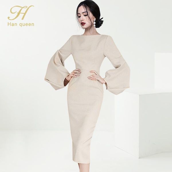 

casual dresses h han queen autumn vestidos 2021 womens puff sleeve pencil sheath dress women mid bodycon chic office lady evening party, Black;gray