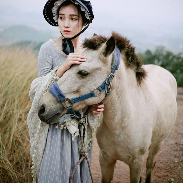 

casual dresses 2021 arrival vintage a-line striped full ruffles ankle-length natural square collar, Black;gray