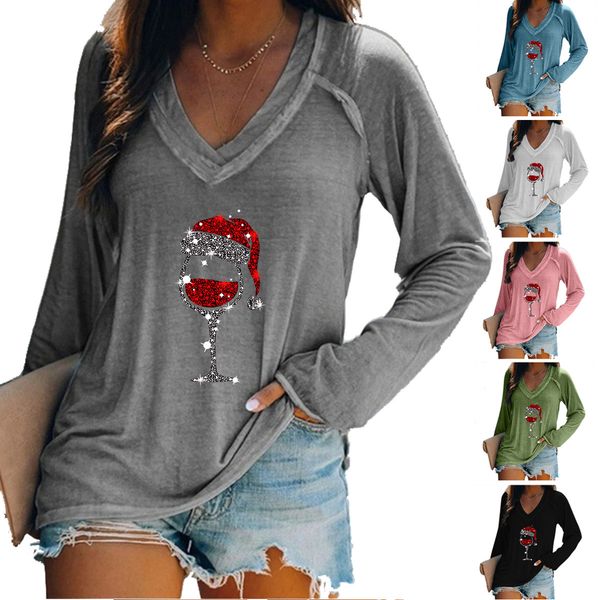 

christmas print long-sleeved t-shirt v-neck wine glass print splicing casual plus size women's clothing, Black