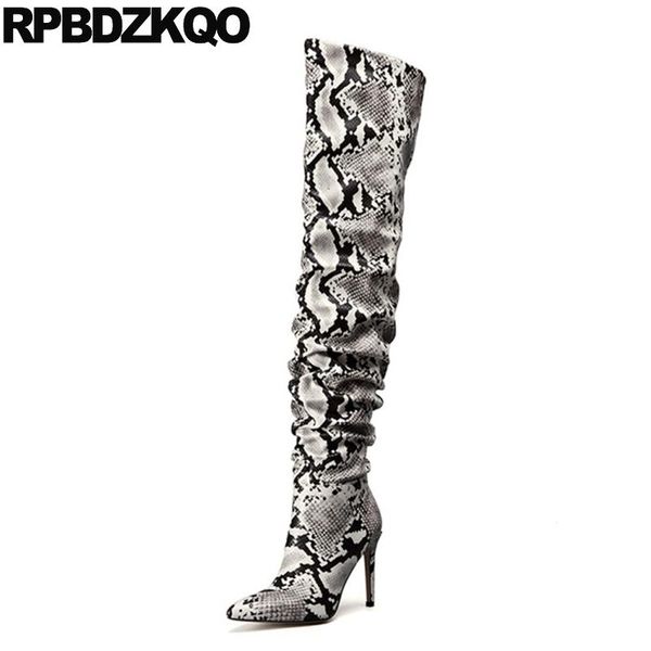 

boots pointed toe shoes long fetish high heel over the knee extreme thigh for plus size women gray brand waterproof big stiletto, Black