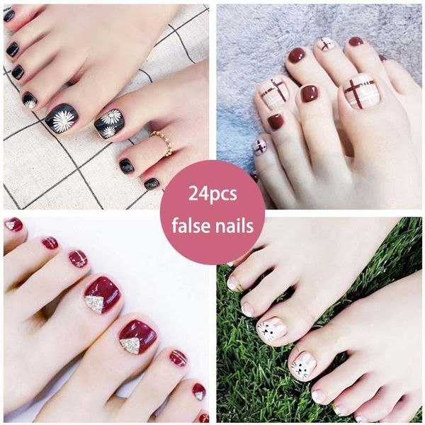 

cute false toe nail waterproof acrylic press on foot with designs full tip manicure fake nails glue art1, Red;gold
