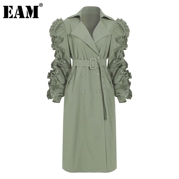 

[eam] women green ruffles stitch long trench lapel long sleeve loose fit windbreaker fashion spring autumn 1dc061 210812, Tan;black
