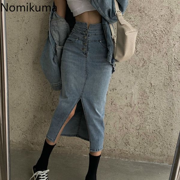 

nomikuma vintage stretch split jeans women skirt korean high waisted slim demin skirts autumn faldas mujer moda 6c024 210427, Black