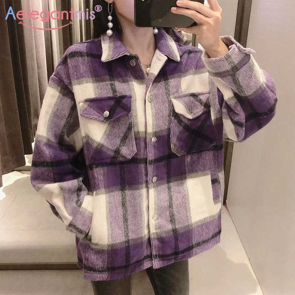 

aelegantmis vintage stylish pockets oversized plaid jacket coat women loose bf style autumn outerwear ladies casual woolen coats 210607, Black;brown