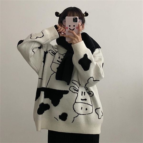 

vintage casual cow print sweater women winter o neck loose lazy femme korean harajuku knitted pullover cute sweet jumper 210522, White