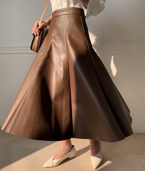 

skirts autumn/winter pu pleated skirt british street fashion classic retro office beauty elegant high waist leather a line, Black