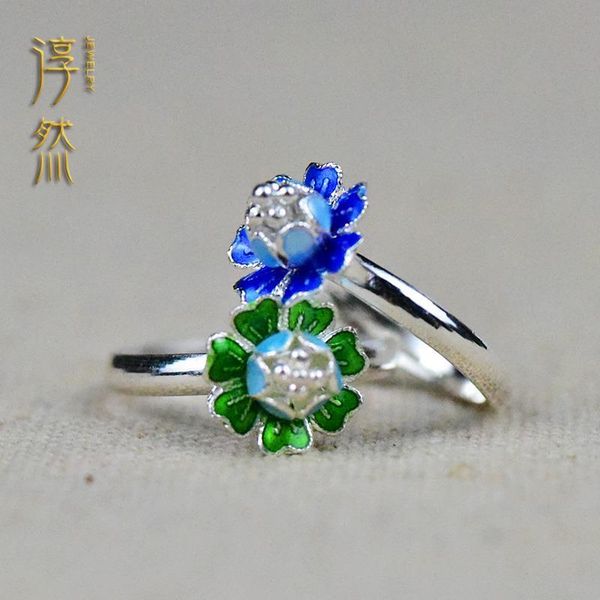 

cluster rings [peony] s925 silver plated cloisonne burnt blue double layer peony flowers adjustable mouth ring, Golden;silver
