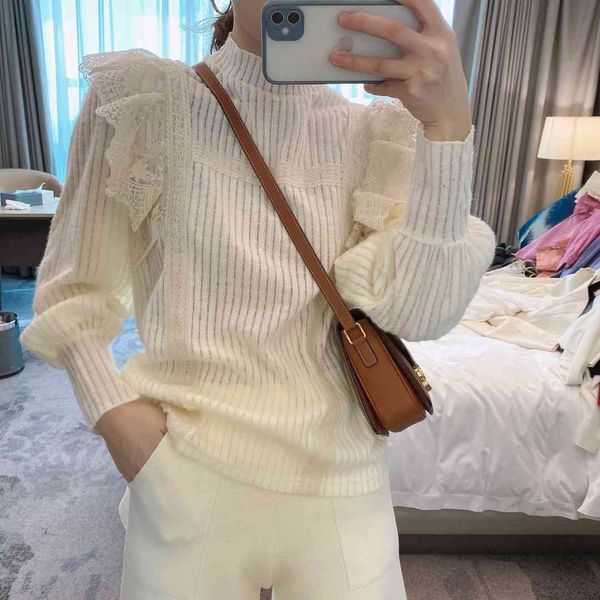 

lace shirt 6610 long sleeve bottomed woolen women's sweater, White