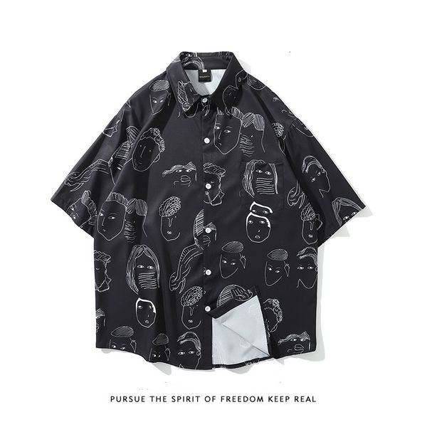

summer 2021 new fashion brand creative printing short sleeve cotton linen shirt men's loose hawaiian flower, White;black