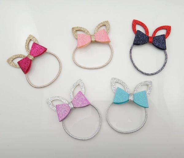 

30pcs fashion glitter cute bunny bow girls elastic hair bands solid kawaii rabbit ears rubber gum rope headwear, Pink