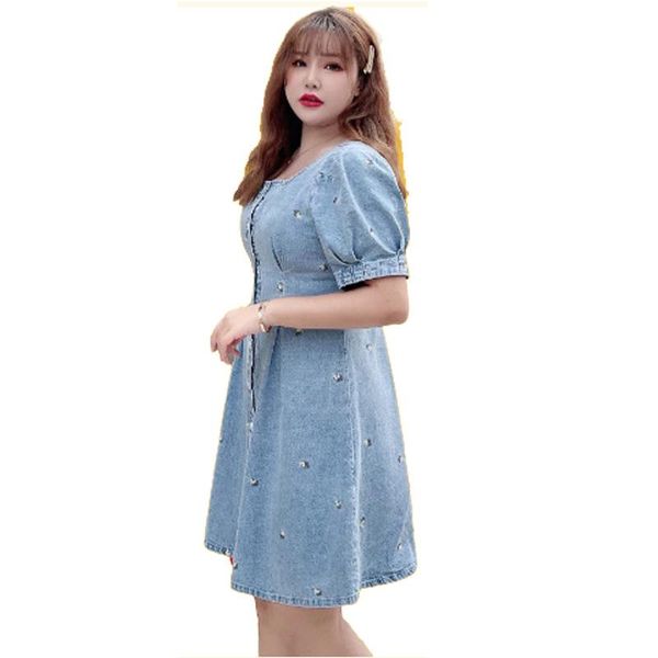 

plus size dresses summer women's dress 2021 ladies clothes square collar denim embroider floral temperament, Black