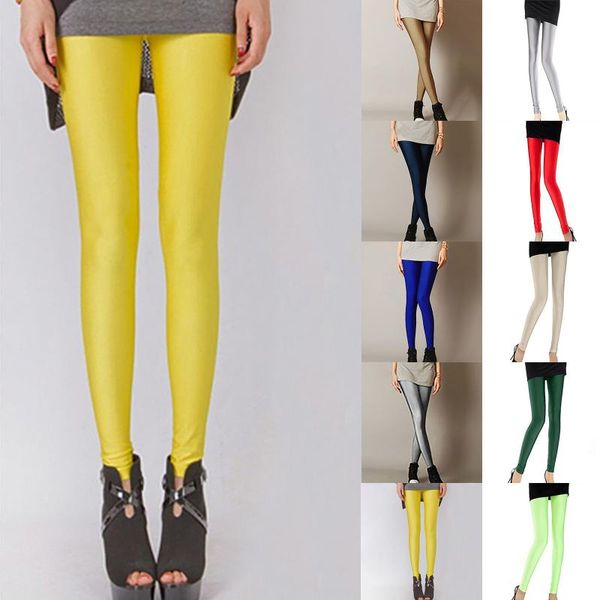 

shiny leggings women stretch pants basic thin full ankle length casual spandex soft multicolor legging #t5p women's, Black