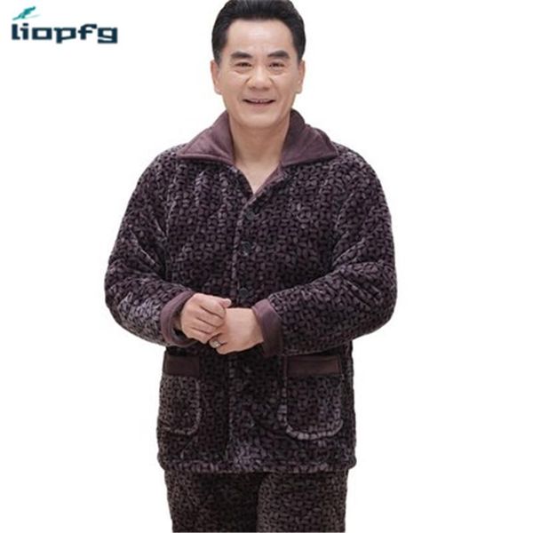 

men's sleepwear 2021 middle-aged man pajamas suit three layers thicker coral velvet plus cashmere jacket middle age qw010, Black;brown