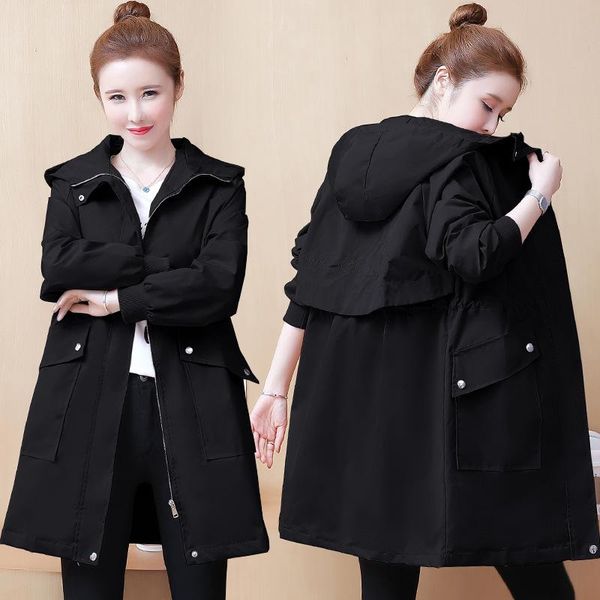 

women's trench coats 2021 autumn classic black long coat women casual thin windbreaker female overcoat hooded plus size 3xl y552, Tan;black
