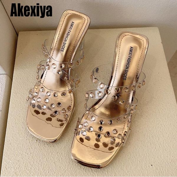 

elegant clear rhinestone high heels slippers women sparkly crystal transparent pvc sandals slides wedding party shoes, Black