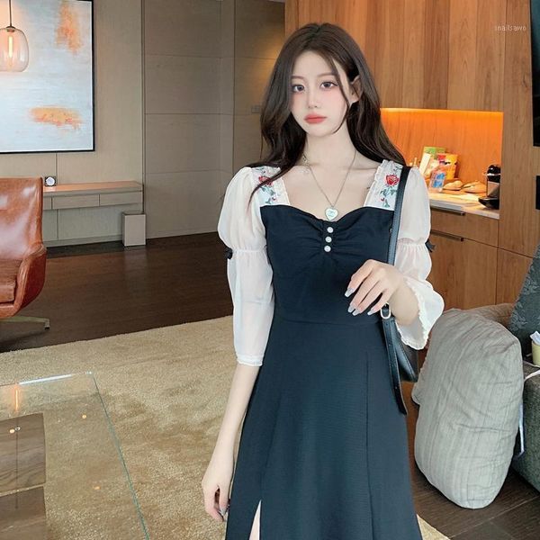 

casual dresses french small summer wear temperament show thin age reduction design feeling long tall waist party brought tea dress, Black;gray