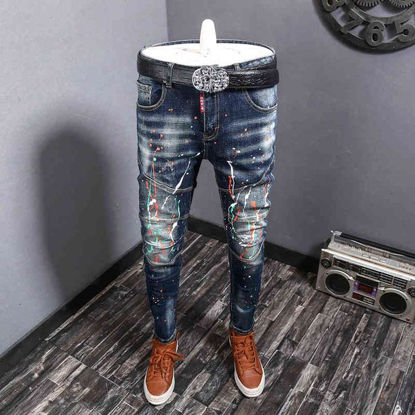 

jeans fashion streetwear men jeans retro blue wash painted designer slim fit denim trousers spliced hip hop biker pants