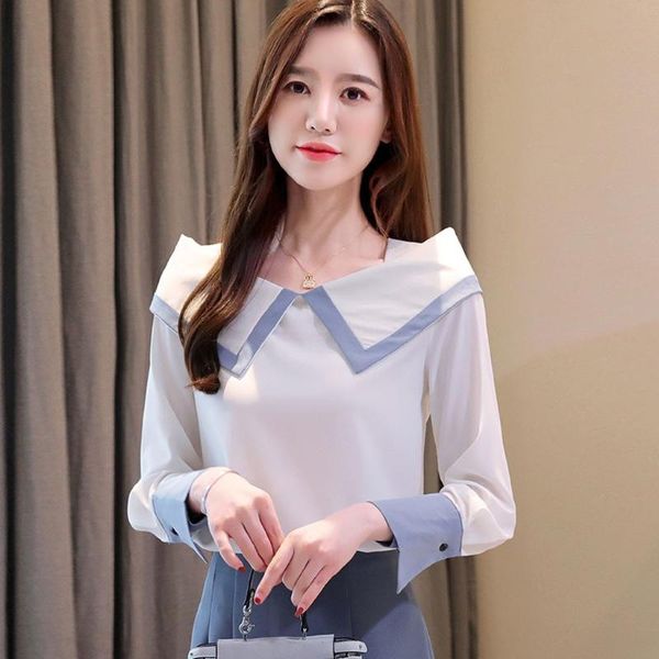 

women's blouses & shirts fashion blouse women spring summer slash neck buttons patchwork casual loose long sleeve solid color chiffon s, White