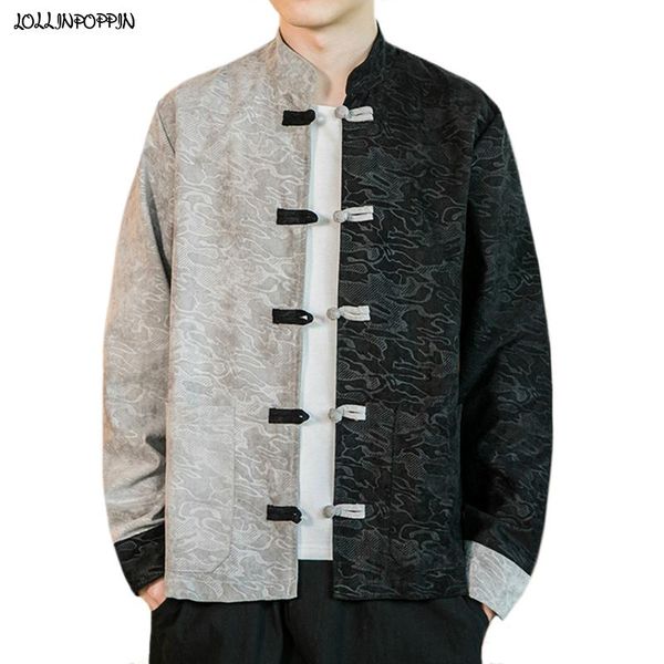 

black & gray patchwork color embossed pattern men stand collar jacket chinese style frog closure single breasted coat men's jackets, Black;brown