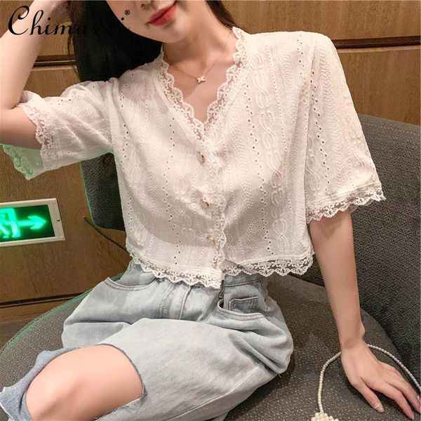 

women's blouses & shirts v neck slimming lace shirt fashionable short sleeve white casual female korean style chiffon top