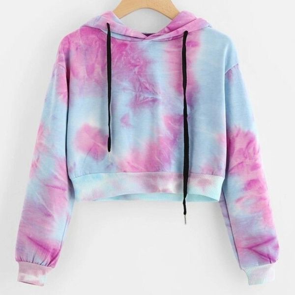 

purple tie-dye drawstring hoodies women three quarter brand design streetwear vintage short fashion spring clothes hip hop style women', Black