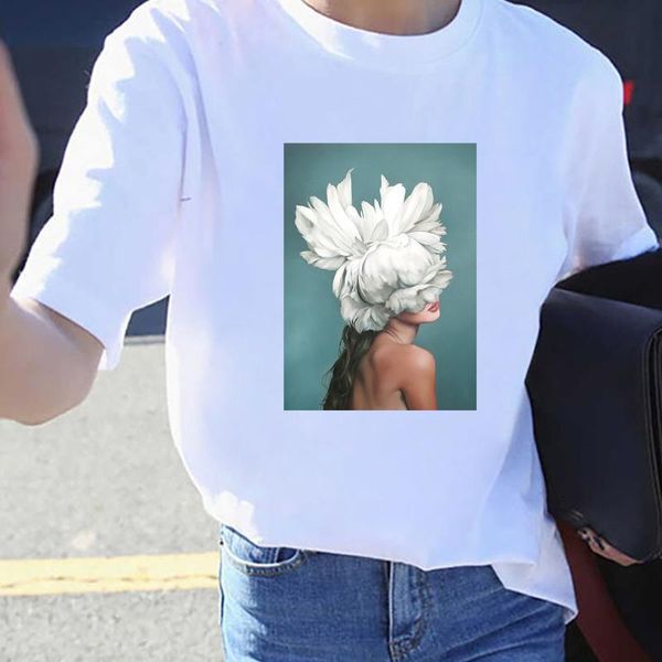 

women's t-shirt blingpwa t shirt women 100% cotton aesthetic flower printing & tees fashion casual large size tshirt, White