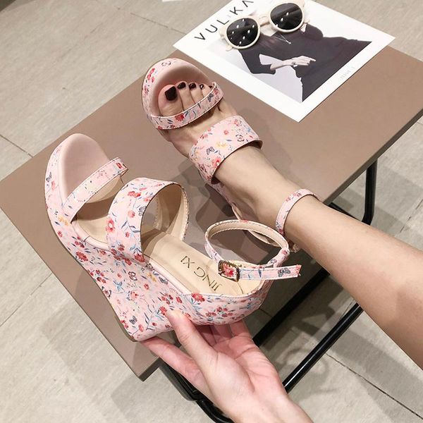 

summer women's platform sandals sweet wind small fresh floral wild wear-resistant wedge heel buckle shoes h dress, Black