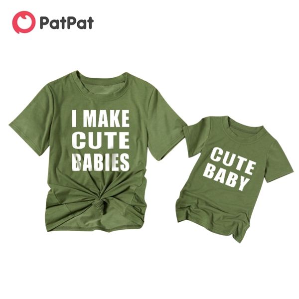 

summer letter print army green cotton t-shirts for mommy and me 210528, Blue