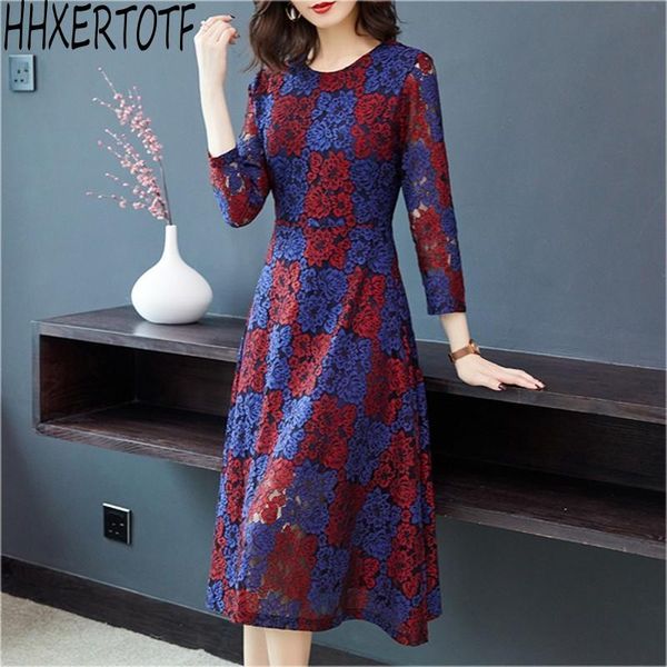 

summer vintage style three quarter sleeves loose elegant flower print lace women's large size dress casual dresses, Black;gray
