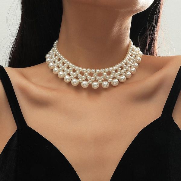 

fashion handmade beaded white simulated pearl chokers necklaces for women ol style trendy statement pendants necklace, Golden;silver