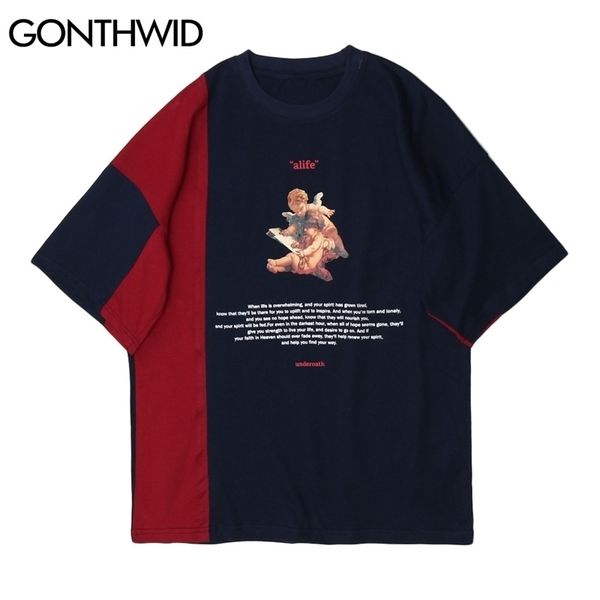 

gonthwid tees shirts angel print color block patchwork short sleeve tshirts mens summer hip hop harajuku casual cotton male 210410, White;black