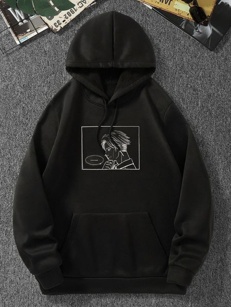 

men figure graphic kangaroo pocket drawstring thermal hoodie i46v#, Black