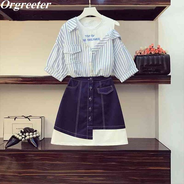 

summer fashion striped off shoulder embroidery oblique shoulder shirt + hit color patchwork mini skirts 2pcs set women 210525, White