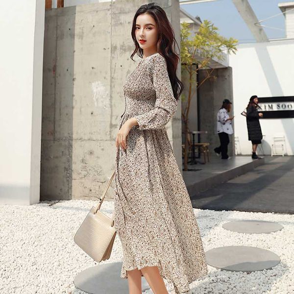 

casual dresses bgteever vinatge single-breasted v-neck floral a-line women dress full sleeve slim elastic waist chiffon midi female bo3j, Black;gray