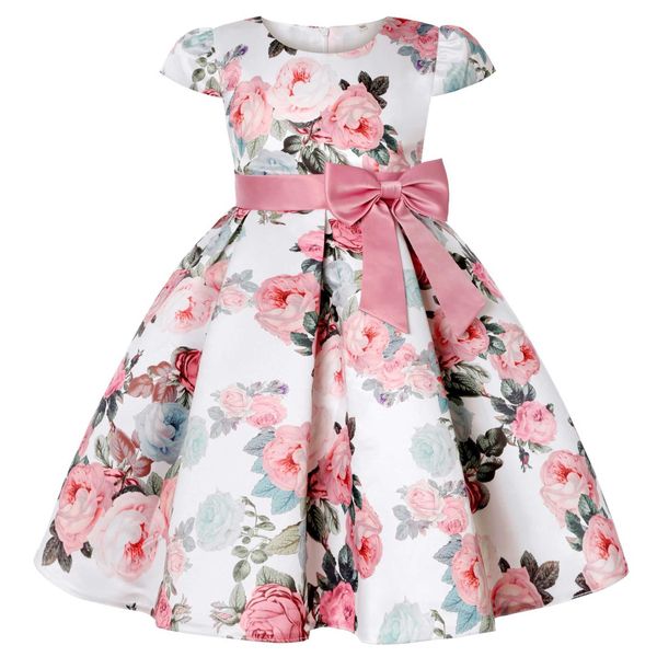

2021 new girls' printed dress princess skirt party show children's bow, Gray