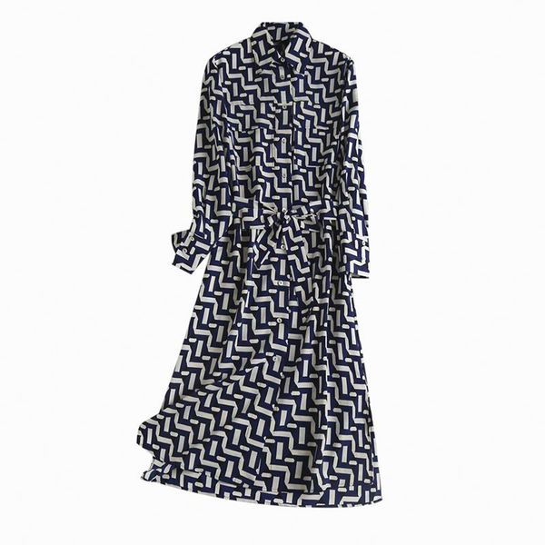 

casual dresses korean fashion geometric print for women 2021 elegant stylish stand collar office lady mid calf vestidos woman dress, Black;gray