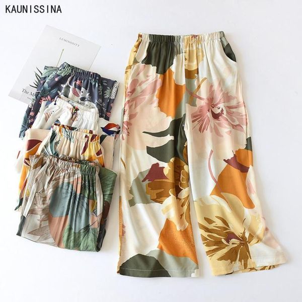 

women's sleepwear spring and summer women floral sleep bottoms wide leg loose cotton satin pants elasticity waist ladies large homewear, Black;red