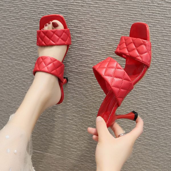 

new womens high heeled slippers outdoor wearing open toe woman casual slides summer shoes slip on for european female red, Black
