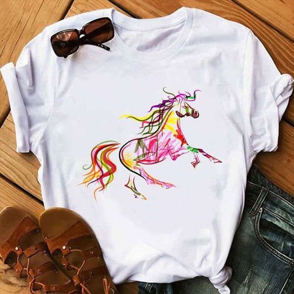 

plus size short sleeve women t shirt watercolor horse o neck casual funny for lady yong girl tee, White