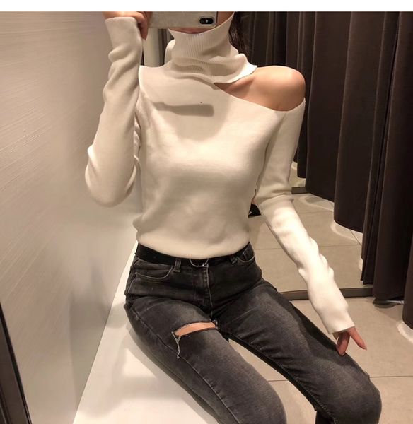 

women's sweaters knitted off shoulder pullovers sweater for women long sleeve turtleneck female jumper black white gray clothing, White;black